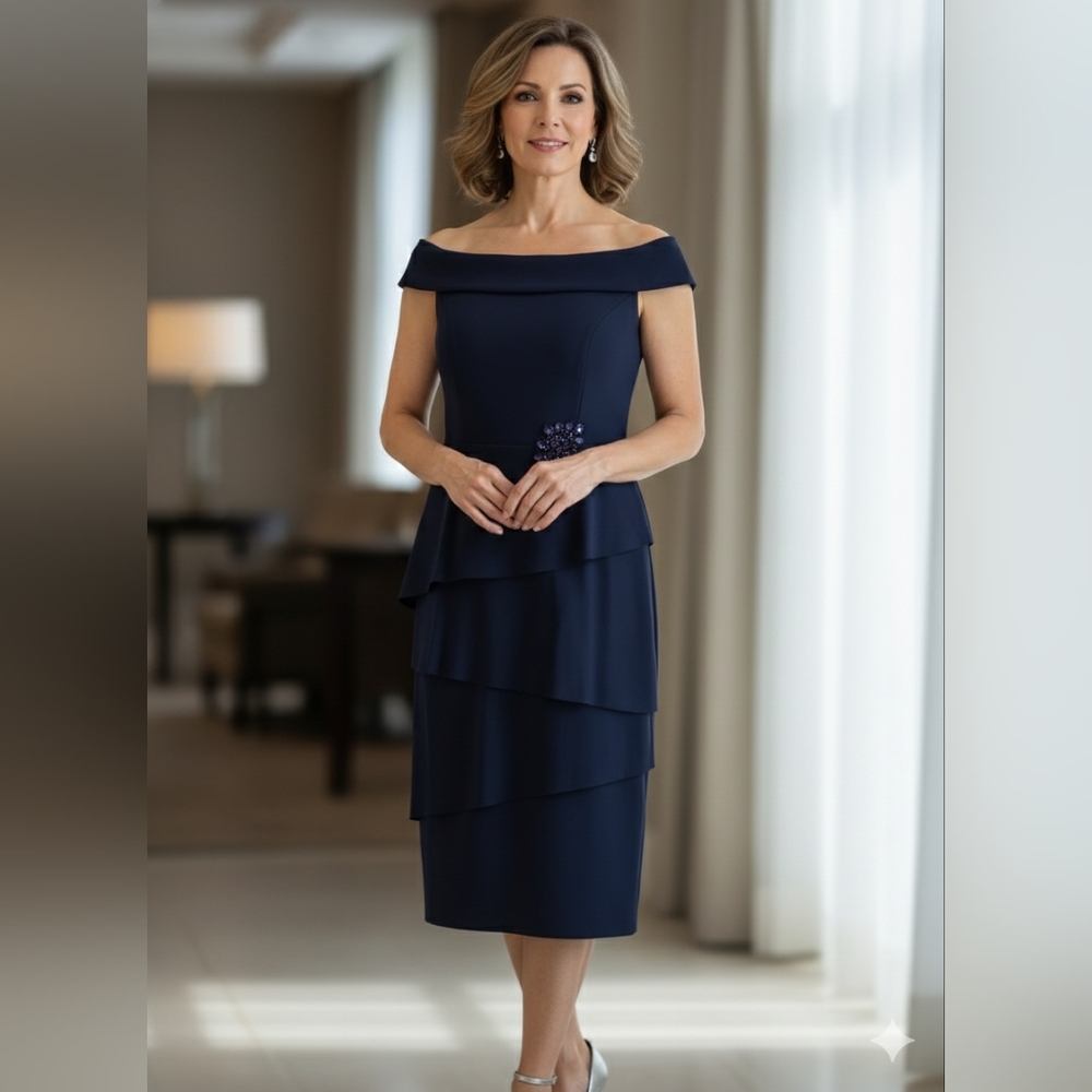ALEX EVENINGS Navy Off-Shoulder Tiered Dress Size 4